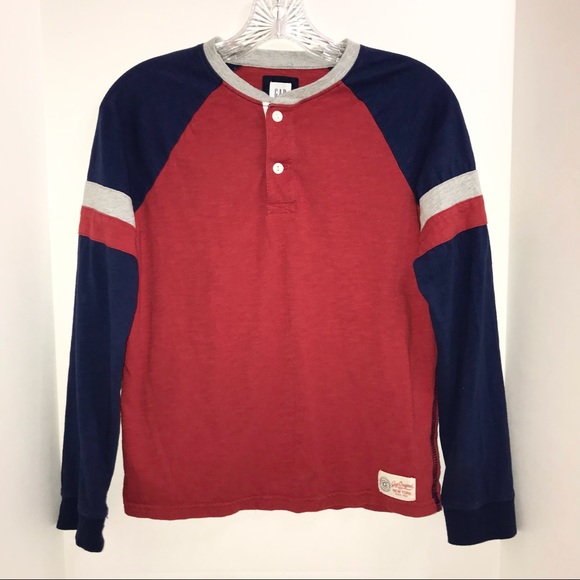 Gap Kids shirt, 100% cotton, red/navy blue/light gray, two buttons on chest - Picture 1 of 8